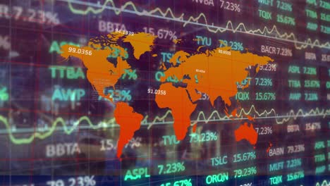 video de datos del mercado de valores con gráficos y cifras financieras en el mapa del mundo.