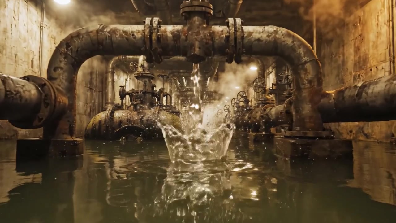 Esplorando un sistema idrico industriale abbandonato caratterizzato da tubi arrugginiti, acqua che scorre e vapore in un ambiente buio e suggestivo.