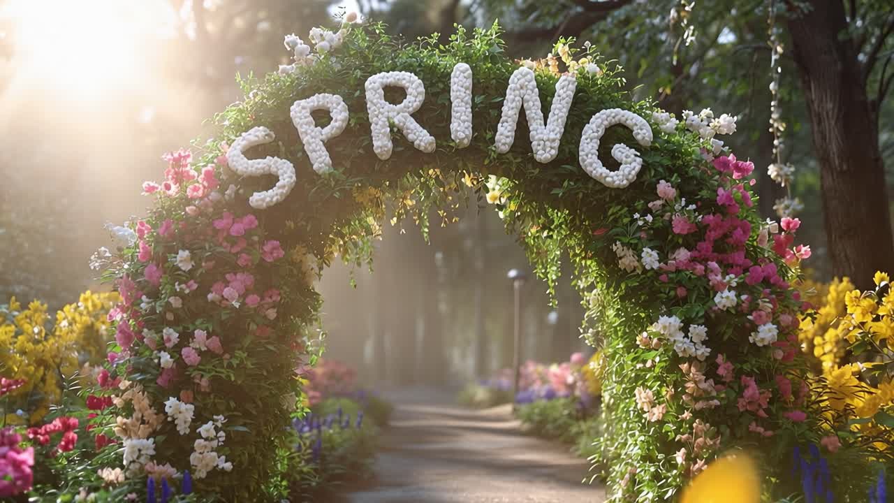 Sunlight filters through blossoming spring archway. Colorful flowers frame the word "SPRING" in delicate petals. Soft beams glow through misty forest background