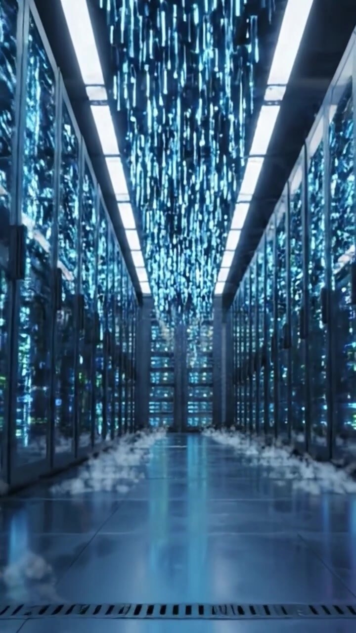 Un data center futuristico con effetti di luce dinamici e nuvole leggere, che mostra tecnologia avanzata e infrastrutture moderne per una connettività digitale migliorata