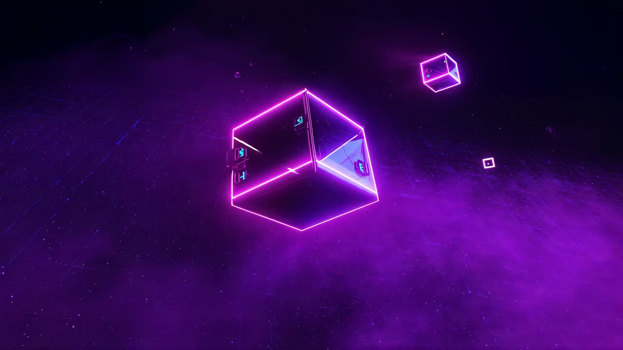 Shifting camera revealing rotating neon wireframe cube shifting cyan in purple nebula panel E