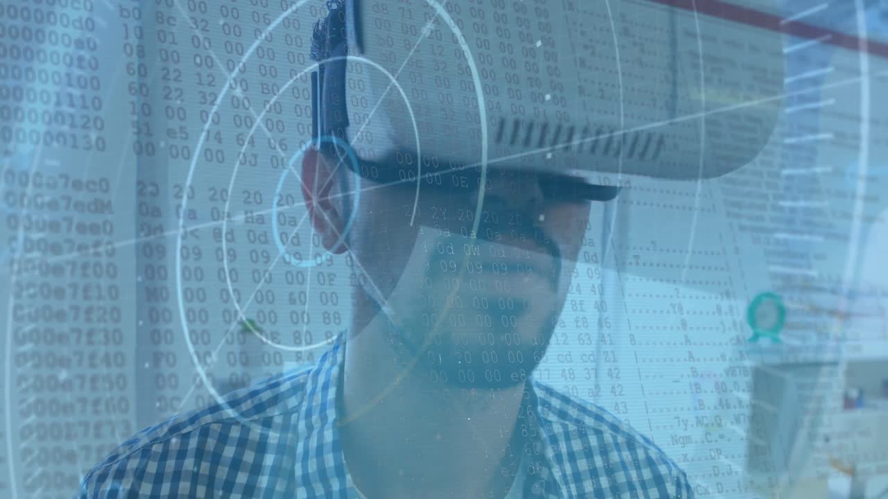 animación de escaneo de alcance y codificación binaria sobre el hombre que usa auriculares vr