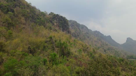 Dolly-Aéreo-En-Imágenes-Que-Muestran-Una-Vista-Asombrosa-De-La-Jungla-Que-Crece-En-Una-Ladera-Muy-Empinada-De-Una-Montaña-De-Piedra-Caliza-Que-Tardó-Milenios-En-Formarse-En-Tailandia,-Asia