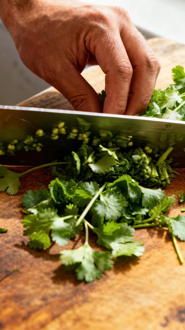 Video verticale: Sistemando il coriandolo, le mani del cuoco che tritano su un tagliere da cucina usando un coltello da chef per una ricetta.