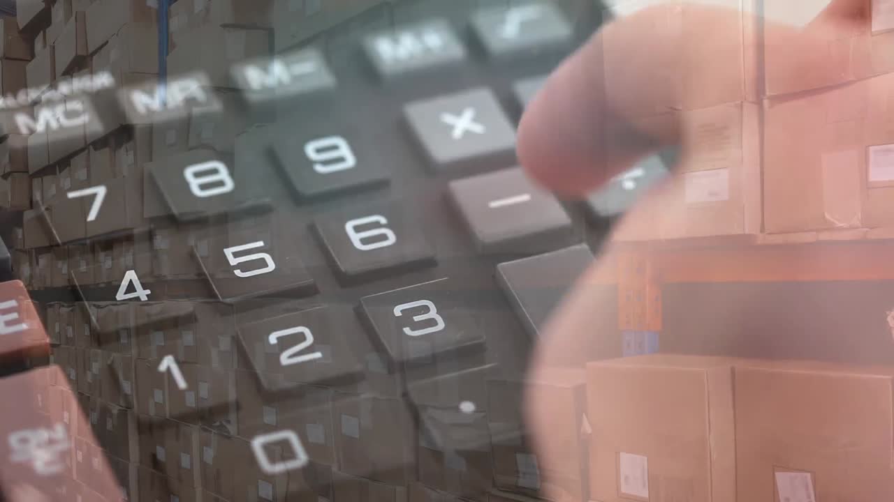 Animation of person using calculator with stacks of boxes in warehouse