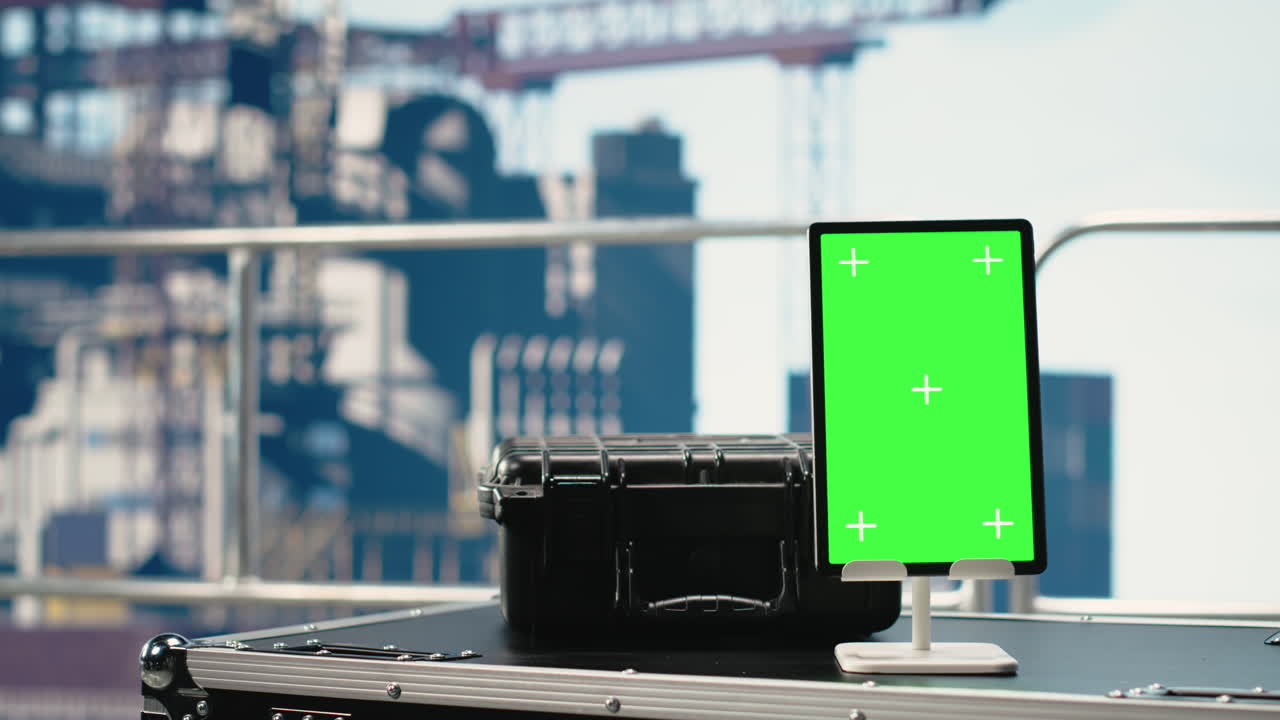 Vertical video Vertical green screen tablet on offshore platform