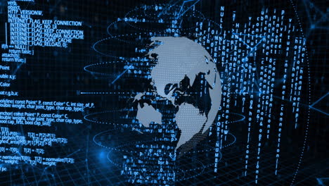 animation of digital globe with binary code and programming language elements
