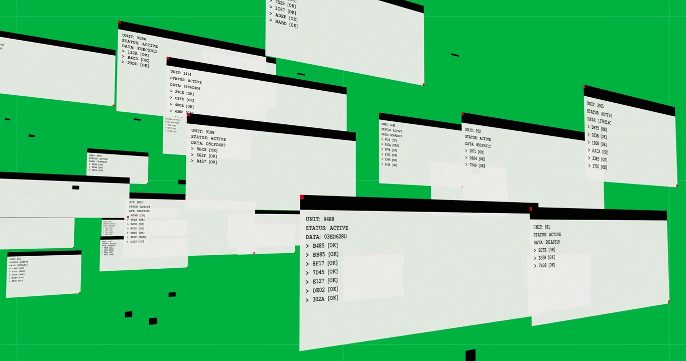 Incoming panels appearing on transparent field, floating inward, clustering to show status lists