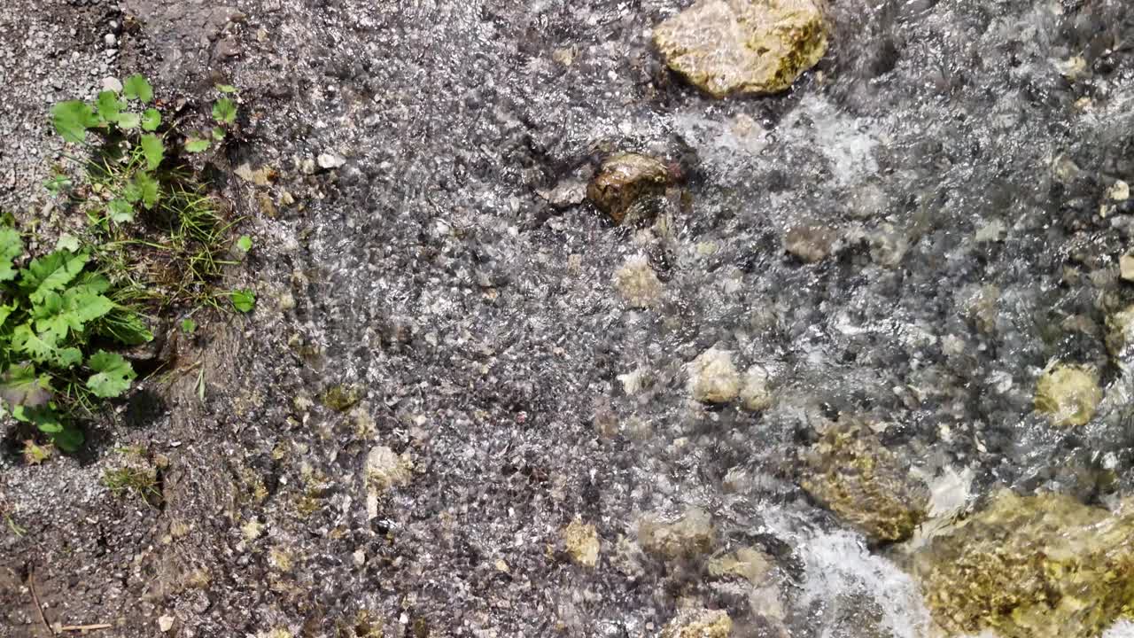 Kleine Kieselsteine in einem sauberen, fließenden Fluss, klares Bergwasser