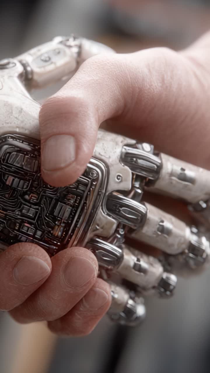 Un contrasto affascinante: l'interazione perfetta tra mani umane e robotiche mostra la fusione tra tecnologia e umanità in un'esperienza visiva unica