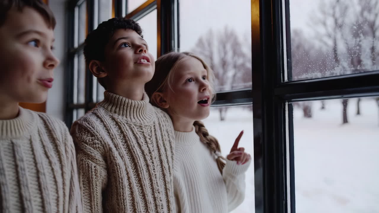 Children looking out a window at a snowy winter scene