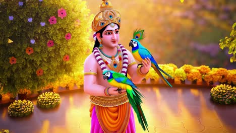 krishna with parrots in a garden