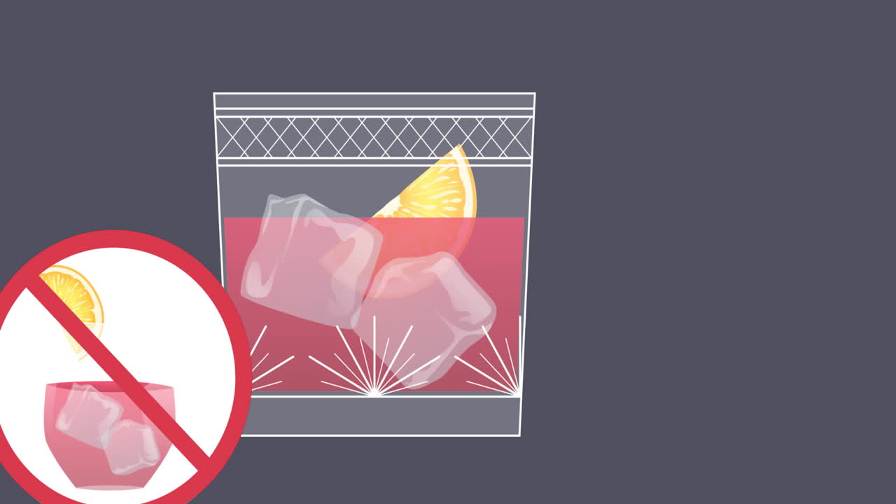 animación de una bebida con un letrero de prohibición sobre el icono de la bebida en fondo negro