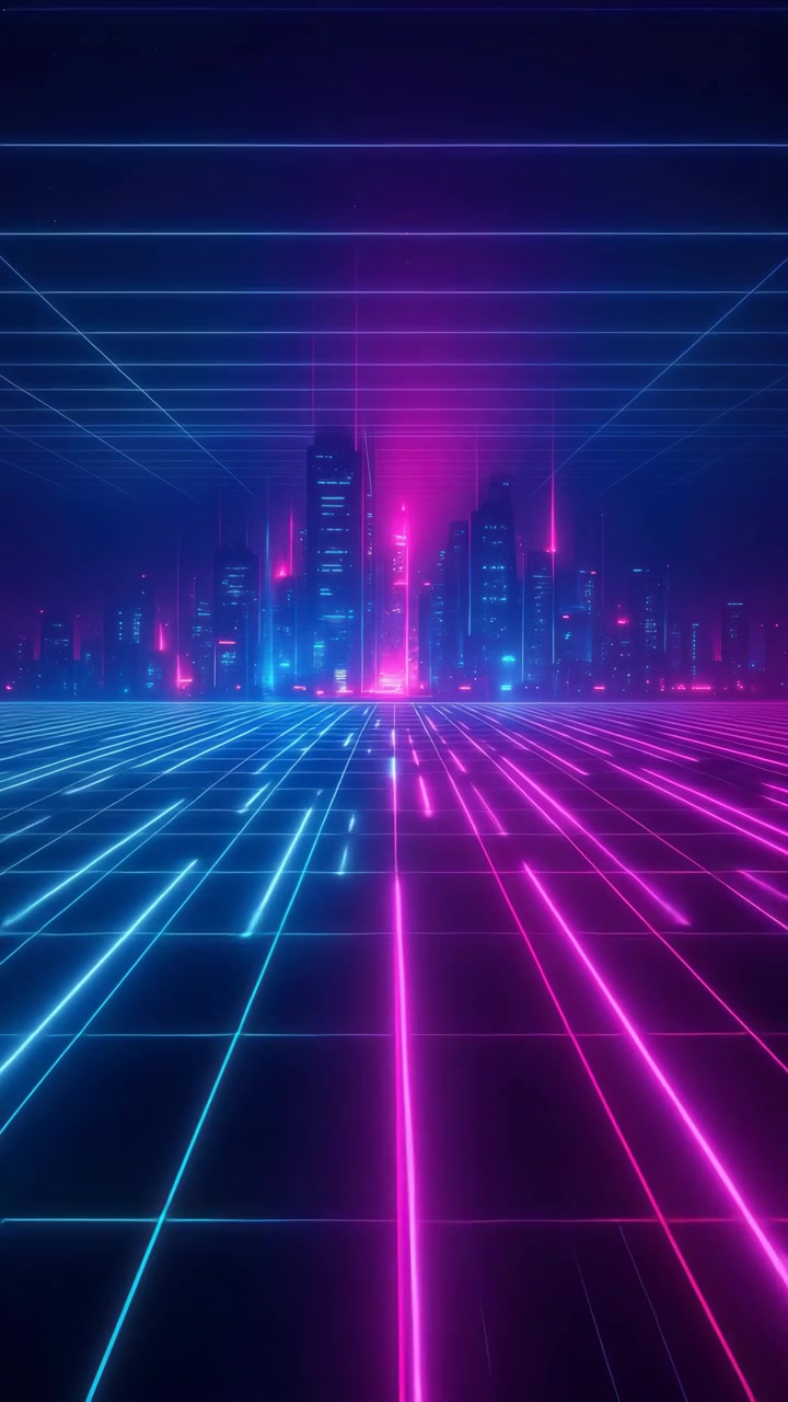 Paesaggio urbano futuristico al neon con pavimento a griglia digitale luminoso