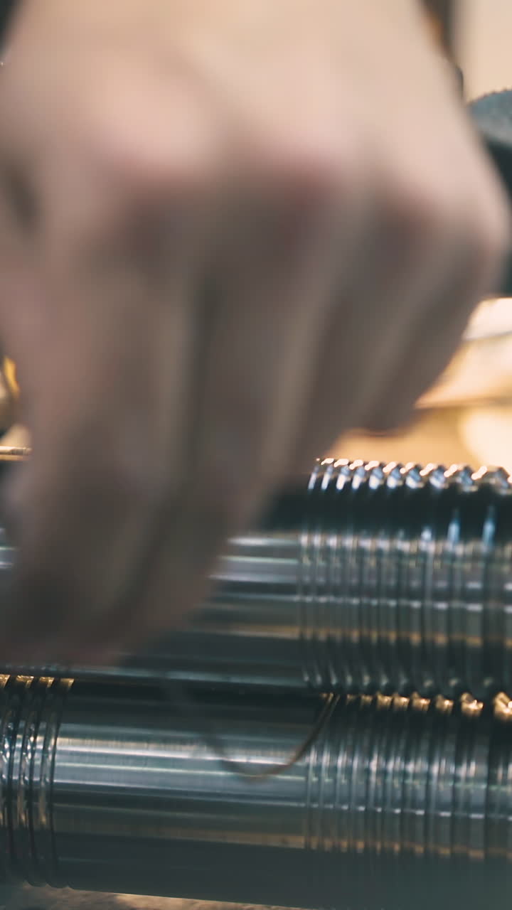 CU: skilled craftsman forge-rolls long gold metal thin cable with special rollers at workplace in jewelry workshop closeup