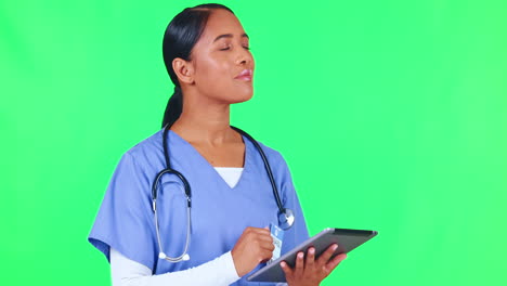 Doctor,-woman-and-tablet-on-green-screen-thinking