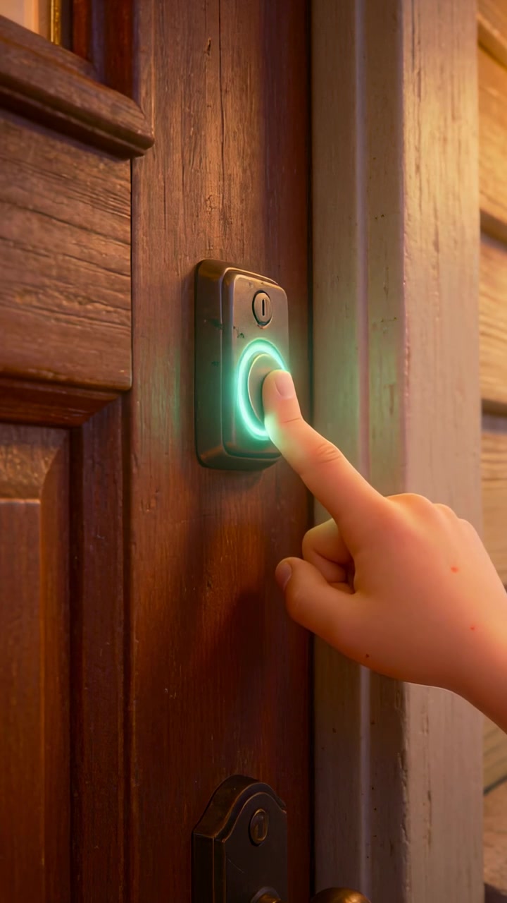 Vertical video: Tapping bare finger pressing and releasing smart button at porch, alerting occupant