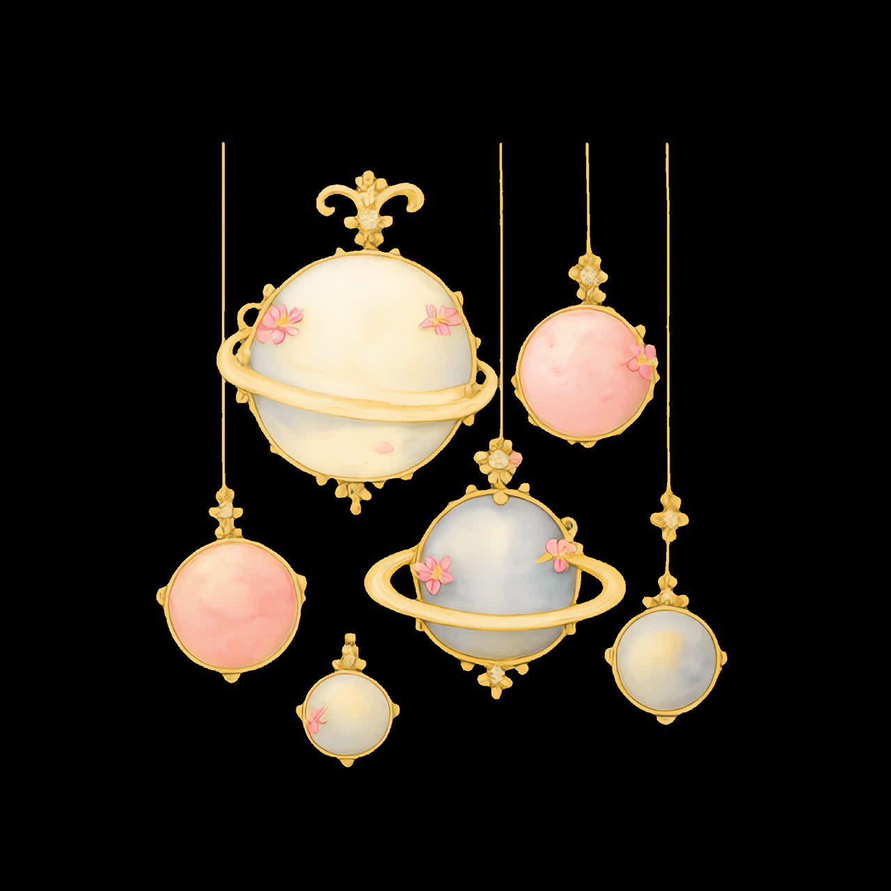 Whimsical celestial floral spheres animation isolated asset, transparent 4K video, alpha channel