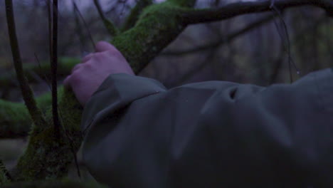 close up shot of man in wilderness holding on wooden branch of tree in forest