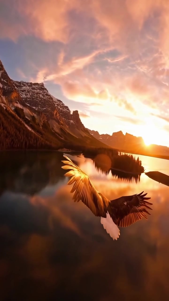 Bald Eagle Flying Over a Mountain Lake at Sunset