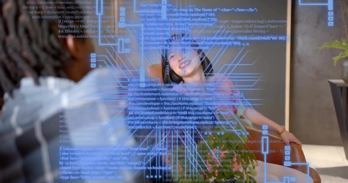 Seated woman greeting colleague in office lounge, handshaking and lighting grid sealing tech deal