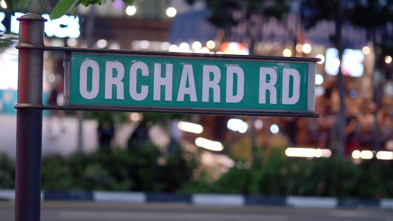 Insegna stradale di Orchard Road a Singapore di notte