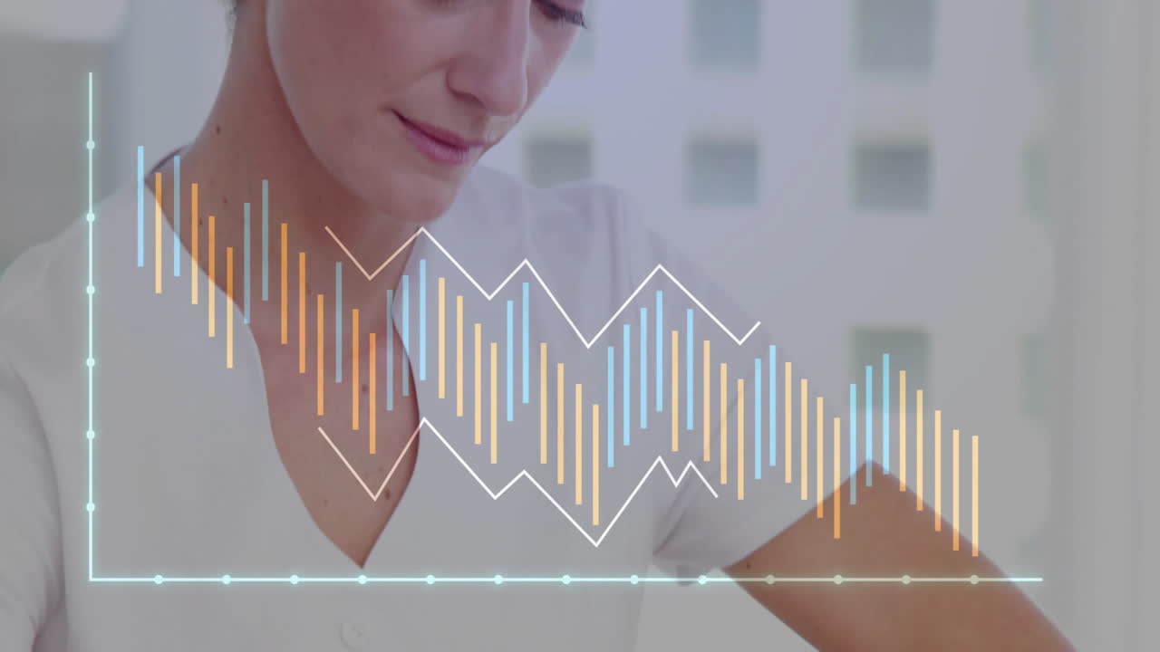Animation of financial data processing over caucasian female physiotherapist with male patient