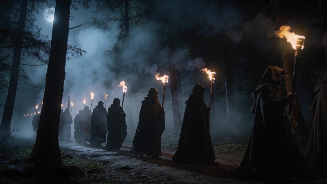 After torch lighting, marching hooded torchbearers moving along night path for ritual with moon fog