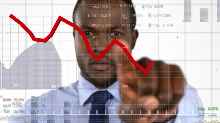 Animation of statistical data processing over african american businessman touching invisible screen