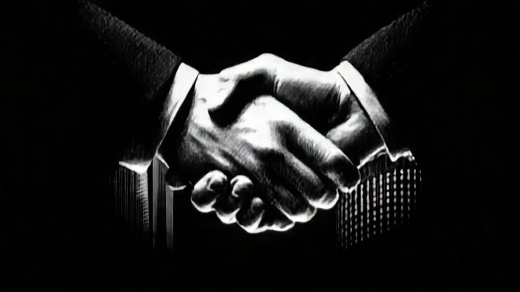 Un potente simbolo di unità e accordo: due mani strette in una ferma stretta di mano, che rappresentano fiducia, collaborazione e impegno nelle relazioni aziendali e personali su uno sfondo nero intenso