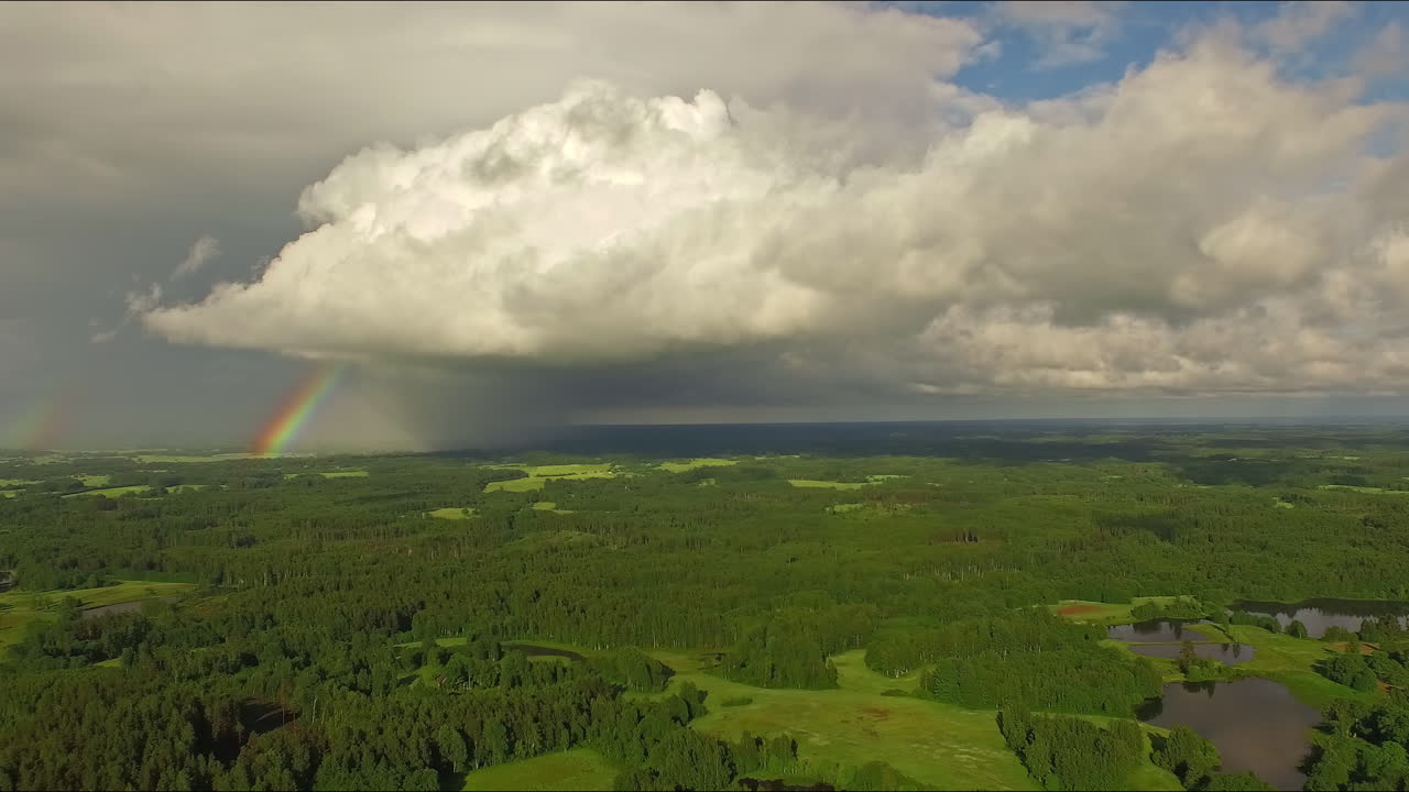 aéreo por encima del bosque mientras las nubes de tormenta pasan con el arco iris debajo de los cielos grises