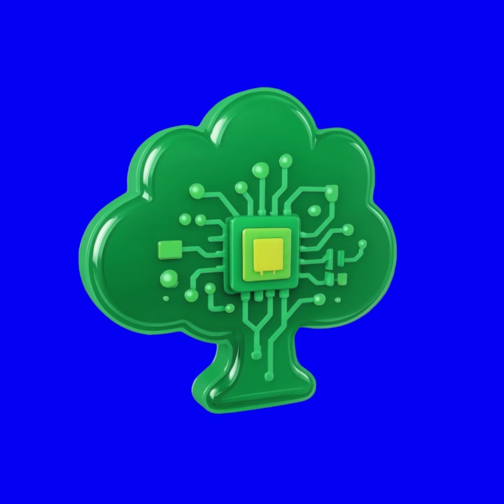 Rotating 3D Green Technology Tree with Microchip Icon