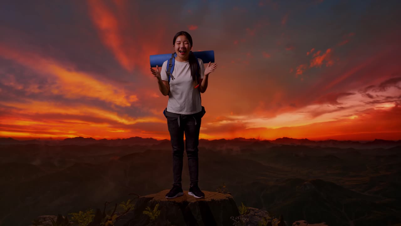un excursionista feliz en el pico de la montaña al atardecer