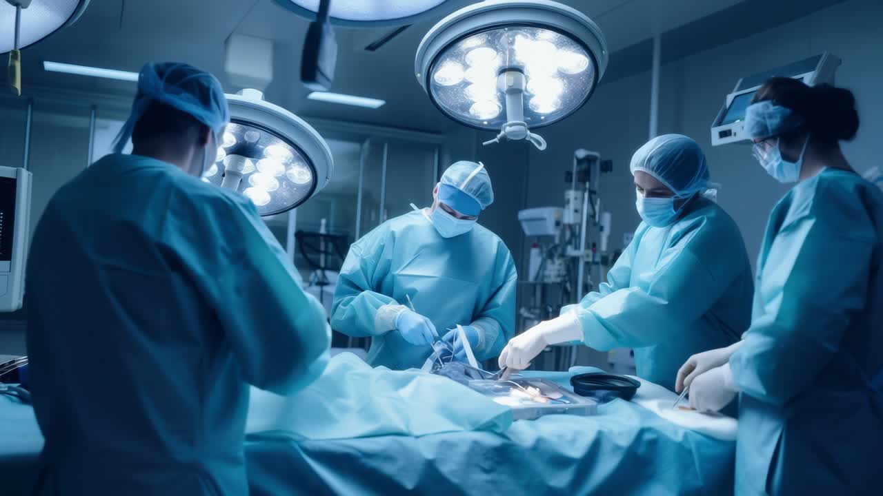 A high-angle video shot of surgeons in a sterile operating room, focused on a procedure under bright