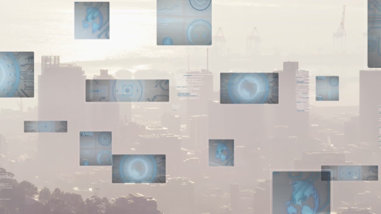 도시 풍경 위의 데이터 처리 및 범위 스캐닝의 애니메이션