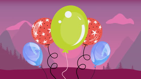 animation of colorful balloons flying over purple landscape