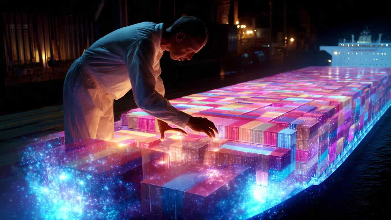 A surreal vision of cargo containers illuminated by vibrant, ethereal lights, showcasing a blend of technology and artistry while a worker interacts with the holographic display