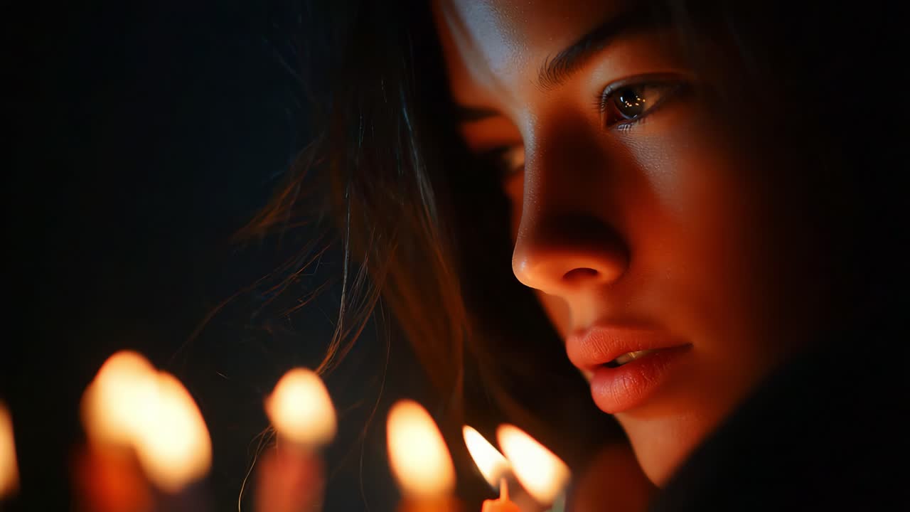 A Young Woman Illuminated by Warm Candlelight, Reflecting Deep Emotions in Her Eyes as The Soft Glow Highlights Her Features in a Darkened Environment