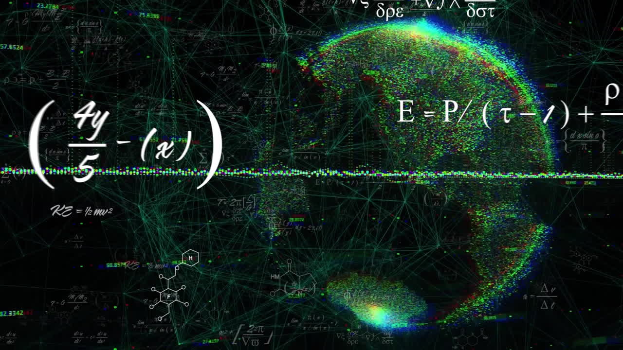 Animation of mathematical equations over globe and network of connections on black background