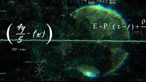 animación de ecuaciones matemáticas sobre el globo y red de conexiones en fondo negro