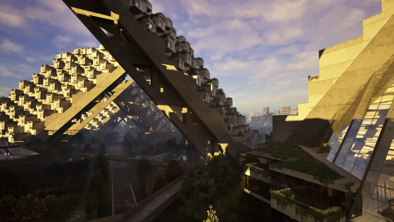 Innovative architecture in a futuristic urban landscape at sunrise