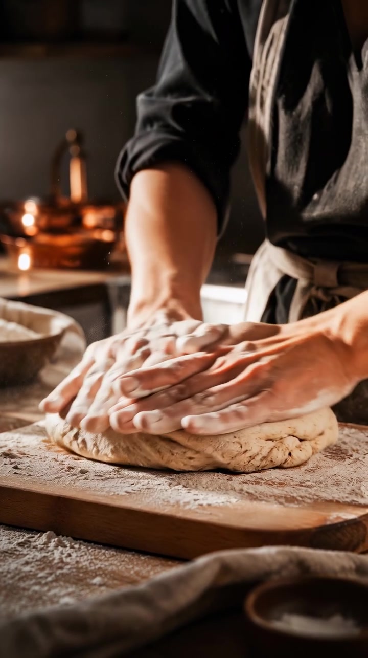 Close view shows hands pressing and folding soft dough on floured wooden surface while fine flour particles float in warm light, capturing traditional bread making activity and rustic kitchen details.