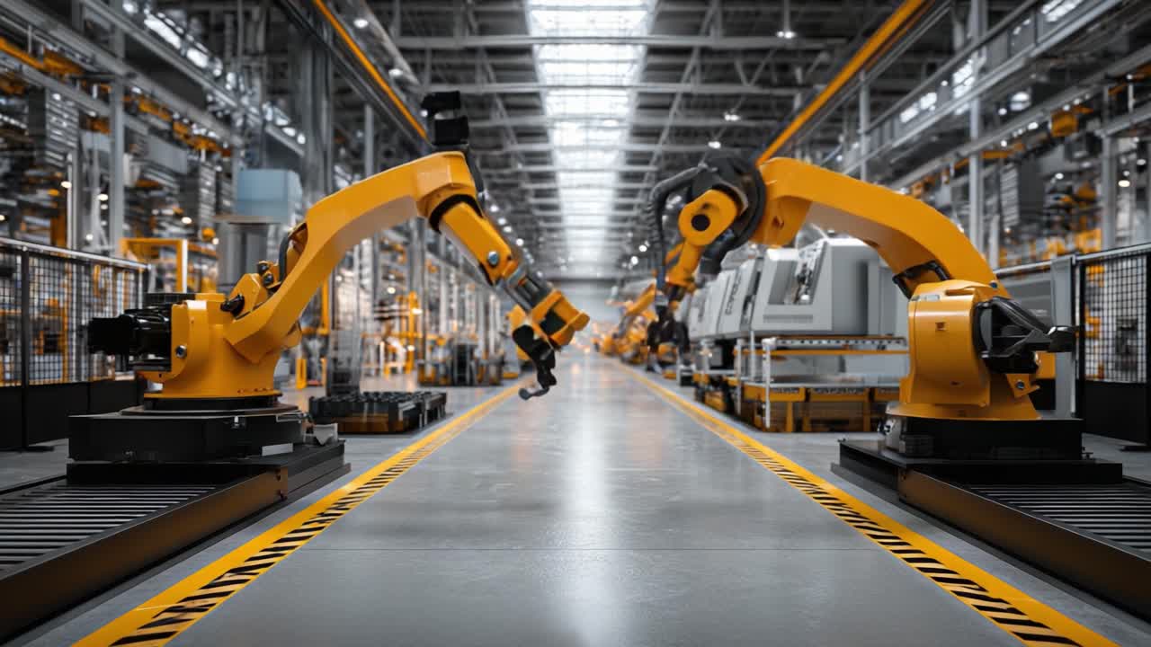 A Modern Manufacturing Facility Showcasing Advanced Robotic Arms Working in Unison, Highlighting Automation, Precision, and Efficiency in an Industrial Environment