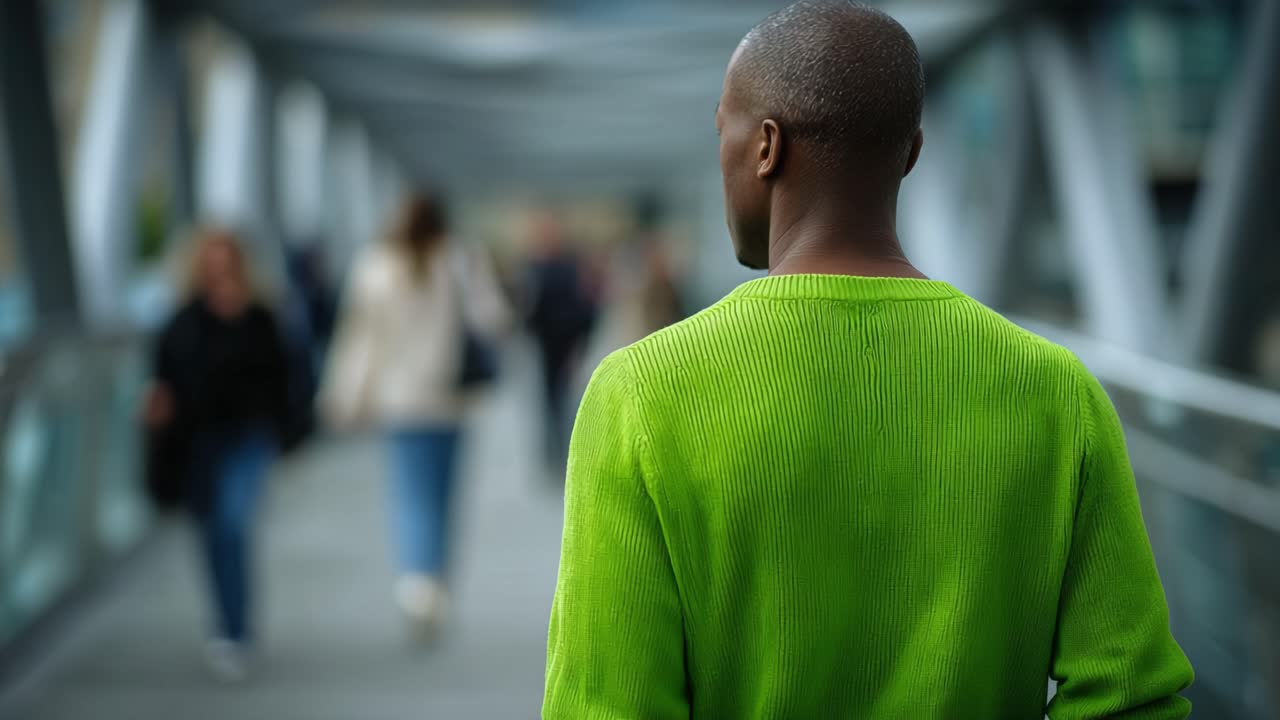 A lone figure in a vibrant green sweater walks towards a bustling crowd on a modern pedestrian bridge, surrounded by blurred people in urban surroundings