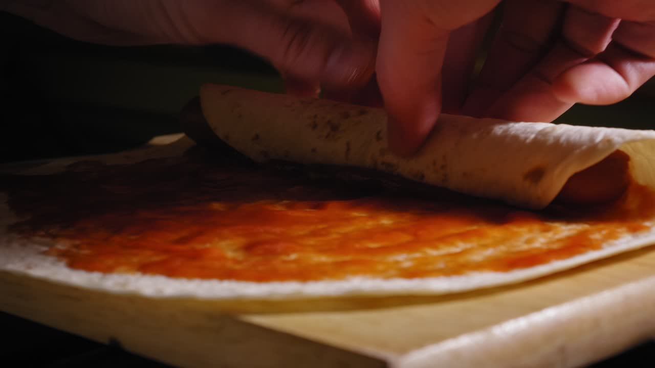 A close up shot of the hands of a chef carefully rolling a frankfurter sausage into a Tortilla wrap covered in a tomato source base, the final step when creating a Mexican Tortilla style Hot Dog