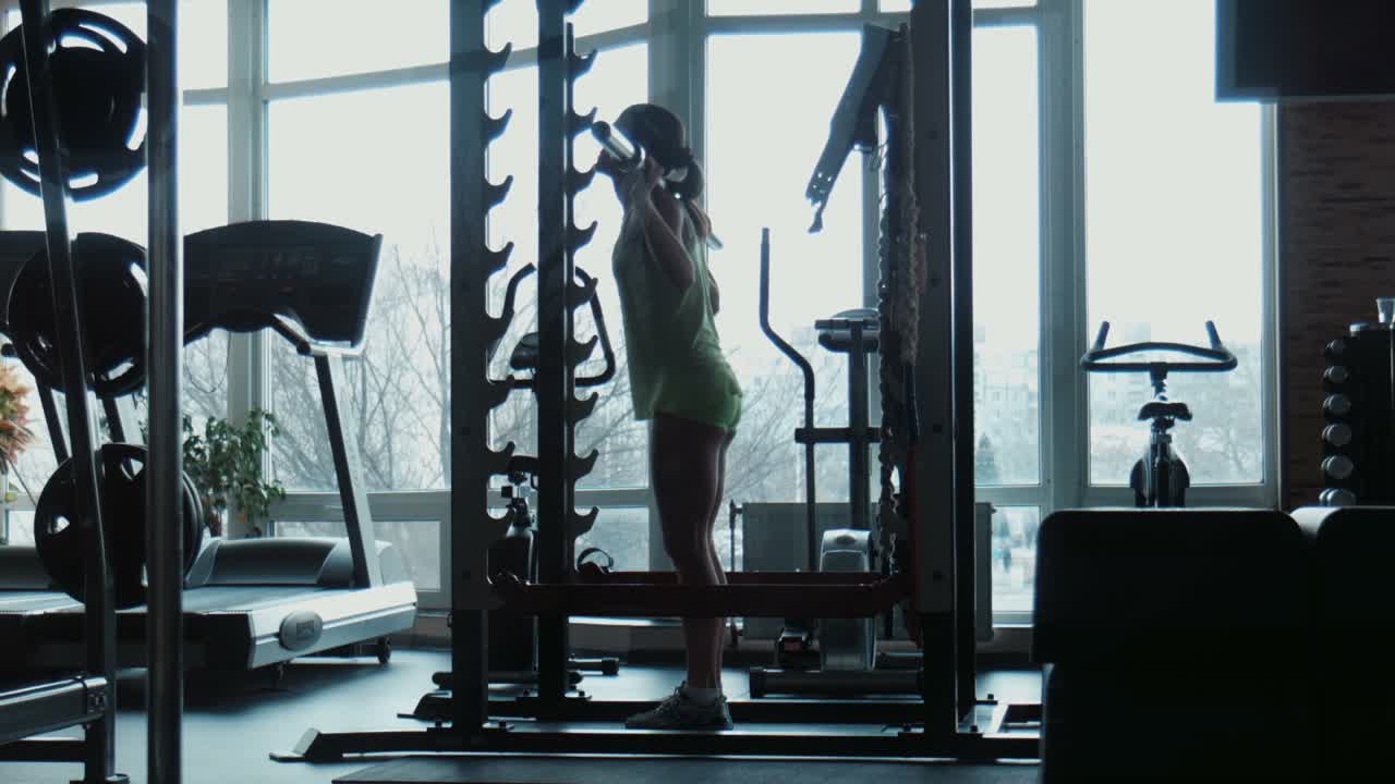 체육관 에서 바벨 스 을 하는 여자