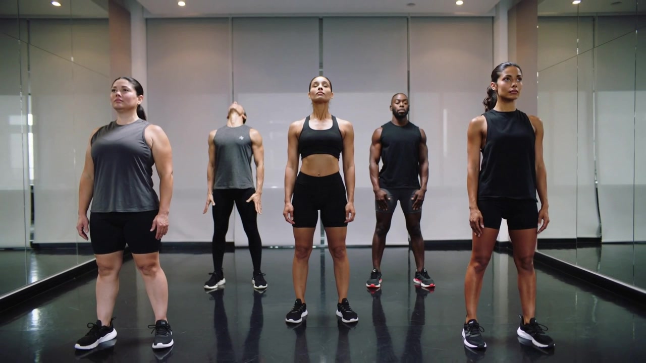 Una mujer en el centro se inclina hacia arriba, hace una pausa y regresa a su posición en un estudio con espejos, vistiendo ropa de gimnasio, enfocándose en la alineación.