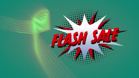 Flash-sale-text-over-retro-speech-bubble-against-digital-waves-on-green-background