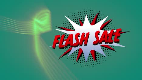venta flash texto sobre burbuja de habla retro contra ondas digitales en fondo verde
