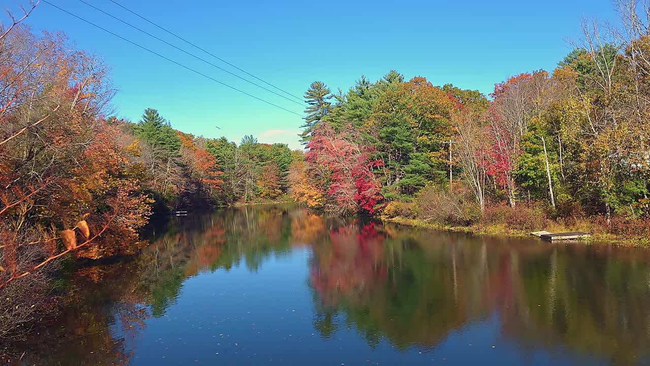 Fall foliage on the Presumpscot River with many reflections in Windhan, Me
